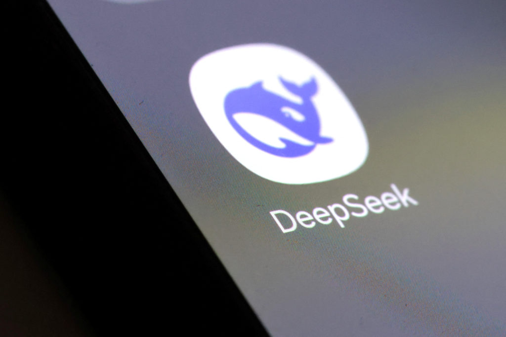 DeepSeek AI interface, Chinese AI start-up, breakthrough technology, futuristic AI model, global AI market.